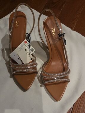Zara Brown Slingback Heels with Crystal-Trim Straps